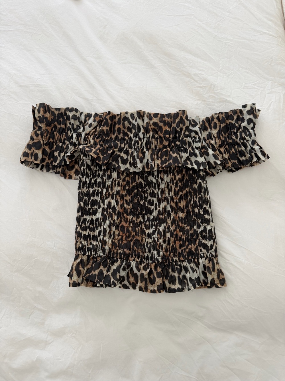 Ganni Off-Shoulder Leopard Smocked Crop Top in Brown/Black